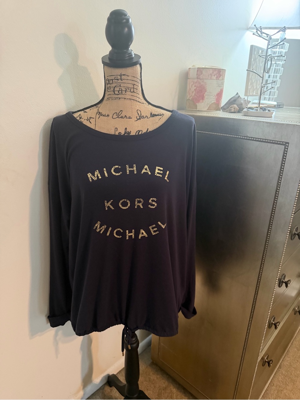 Michael Kors Navy Blue Long-Sleeve Logo Sweatshirt with Gold Glitter